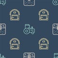 Set line Automatic irrigation sprinklers, Farm house and Tractor on seamless pattern. Vector