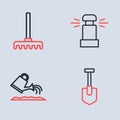 Set line Automatic irrigation sprinklers, Watering can, Shovel and Garden rake icon. Vector