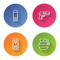 Set line Aviation bomb, Pistol or gun, Dynamite and timer clock and Hand grenade. Color circle button. Vector