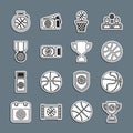 Set line Award cup with basketball ball, Basketball, and, game ticket, medal, Stopwatch and icon. Vector Royalty Free Stock Photo