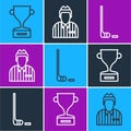 Set line Award cup, Ice hockey stick and puck and Hockey judge, referee, arbiter icon. Vector Royalty Free Stock Photo