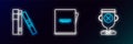 Set line Award cup, Office folders with papers and documents and Notebook icon. Glowing neon. Vector Royalty Free Stock Photo