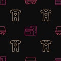 Set line Baby bathtub, clothes and food on seamless pattern. Vector