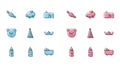 Set line Baby bottle, Candy, bathtub, Party hat, Folded paper boat, Teddy bear plush toy and Rattle baby icon. Vector