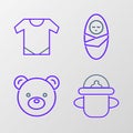 Set line Baby bottle, Teddy bear plush toy, Newborn baby infant swaddled and onesie icon. Vector