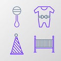 Set line Baby crib cradle bed, Party hat, clothes and Rattle baby toy icon. Vector Royalty Free Stock Photo