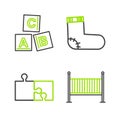 Set line Baby crib cradle bed, Piece of puzzle, socks clothes and ABC blocks icon. Vector Royalty Free Stock Photo