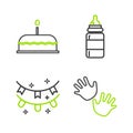 Set line Baby hands print, Carnival garland with flags, bottle and Cake burning candles icon. Vector