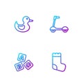 Set line Baby socks, ABC blocks, Rubber duck and Roller scooter. Gradient color icons. Vector Royalty Free Stock Photo