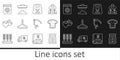 Set line Bag of coffee beans, Bread toast, Pack full seeds plant, Seed, Scythe and Sifting flour icon. Vector