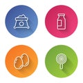 Set line Bag of flour, Bottle with milk, Easter eggs and Lollipop. Color circle button. Vector