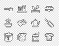 Set line Bag of flour, Bread toast, Sprout, Measuring cup, with, Seed, Manual coffee grinder and Scoop icon. Vector Royalty Free Stock Photo