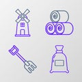 Set line Bag of flour, Garden rake, Roll hay and Windmill icon. Vector Royalty Free Stock Photo