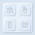 Set line Bag of flour, Ice cream, Bottle with milk and Bread toast. White square button. Vector