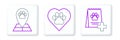 Set line Bag of food for dog, Map pointer with veterinary medicine hospital and Heart animals footprint icon. Vector