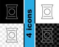 Set line Bag or packet potato chips icon isolated on black and white, transparent background. Vector Royalty Free Stock Photo