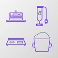 Set line Bakery bowl dough, Electronic scales, Blender and Stack of pancakes icon. Vector