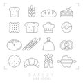 Set of line bakery icons. Bread slice, wheat, bun, cake with cherry, biscuit, chef heat, donut, baguette, flour sack,