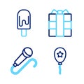 Set line Balloon with ribbon, Microphone, Gift box and Ice cream icon. Vector Royalty Free Stock Photo