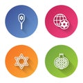 Set line Balloon with star of david, World Globe and Israel, Star David and Pomegranate. Color circle button. Vector