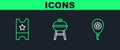 Set line Balloons, Baseball ticket and Barbecue grill icon. Vector