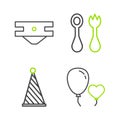 Set line Balloons in form of heart, Party hat, Baby cutlery with fork and spoon and absorbent diaper icon. Vector