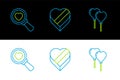 Set line Balloons in form of heart, Search and love and Candy shaped box icon. Vector