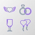 Set line Balloons in form of heart, Wine glass, Wedding rings and Heart with wings icon. Vector Royalty Free Stock Photo