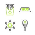 Set line Balloons, Hexagram sheriff, Taxi car roof and Potatoes french fries in box icon. Vector