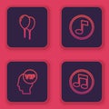 Set line Balloons with ribbon, Vip inside head, Music note, tone and . Blue square button. Vector Royalty Free Stock Photo