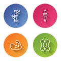 Set line Bamboo, Pipette with oil, Bodybuilder muscle and Dumbbell. Color circle button. Vector