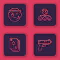 Set line Bandit, Playing cards, Mafia and Pistol or gun. Blue square button. Vector Royalty Free Stock Photo