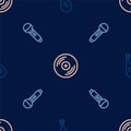 Set line Bandura, Microphone and Vinyl disk on seamless pattern. Vector