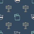 Set line Bang boom, gun Comic, Road traffic signpost and Canteen water bottle on seamless pattern. Vector