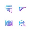 Set line Bang boom, gun Comic, Saloon door, Pan flute and Revolver. Gradient color icons. Vector