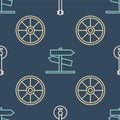 Set line Banjo, Old wooden wheel and Road traffic signpost on seamless pattern. Vector