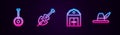 Set line Banjo, Violin, Farm House and Oktoberfest hat. Glowing neon icon. Vector