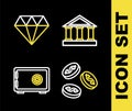 Set line Bank building, Coin money with dollar, Safe and Diamond icon. Vector