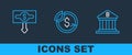 Set line Bank building, Dollar rate decrease and icon. Vector Royalty Free Stock Photo