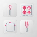 Set line Barbecue fork, Cooking pot, Gas stove and Spoon icon. Vector