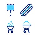 Set line Barbecue grill, Hotdog sandwich and steel grid icon. Vector
