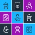 Set line Barbecue grill, Kitchen apron and coal bag icon. Vector Royalty Free Stock Photo