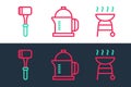 Set line Barbecue grill, Kitchen hammer and French press icon. Vector