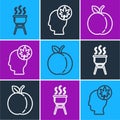 Set line Barbecue grill, Peach fruit and Human head with leaf icon. Vector