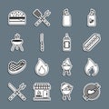 Set line Barbecue grill with steak, Fire flame, Hotdog sandwich, Mustard bottle, knife, Burger and icon. Vector