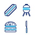 Set line Barbecue knife, Burger, grill and Hotdog sandwich icon. Vector