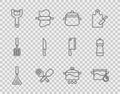 Set line Barbecue spatula, Cooking pot, Crossed fork and spoon, Vegetable peeler, Knife, and Pepper icon. Vector