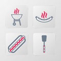 Set line Barbecue spatula, Hotdog sandwich, Sausage and grill icon. Vector