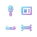 Set line Barbed wire, Flasher siren, Car key with remote and Safe. Gradient color icons. Vector Royalty Free Stock Photo
