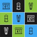 Set line Barbershop building, Curling iron for hair and Shaving brush icon. Vector